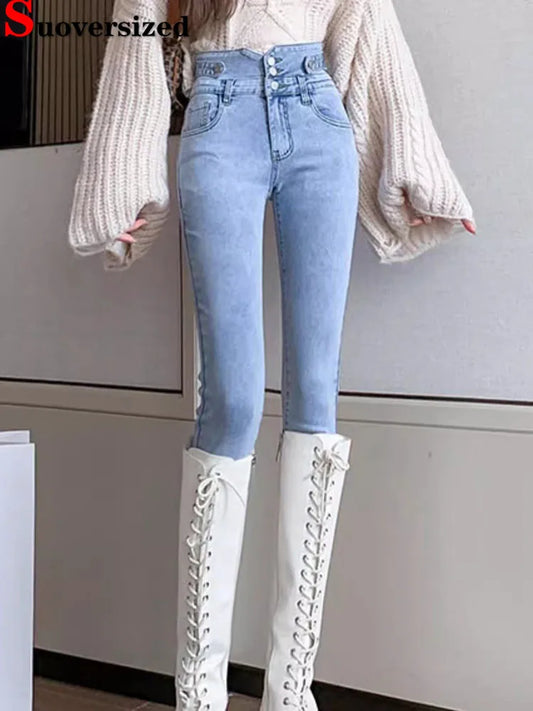 Women Hight Waist Skinny Pencil Jeans Spring Fall Casual Streetwear