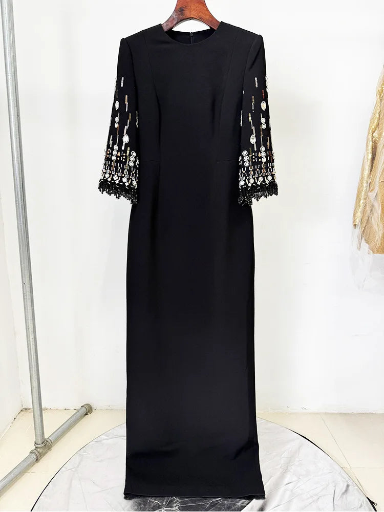 Fashion 2026 S/S Designer Vestido Women's Half Sleeve Stunning Beaded  Long Maxi Dress