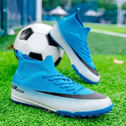 High Top Leather TF Turf Soccer Cleats, Anti-Slip for Grass Training, Men Women Youth Student World Cup Style