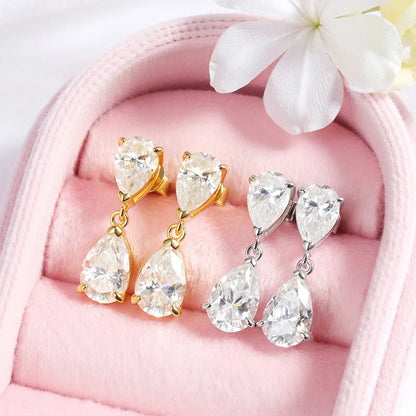 Double Water Drop All Moissanite Drop Earrings for Women Pear Cut Classic Wedding Bridal Jewelry S925 Sterling Silver