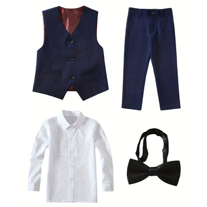 4pcs/set Boys' Suit Set With Pants, Vest, Shirt And Tie School Uniforms