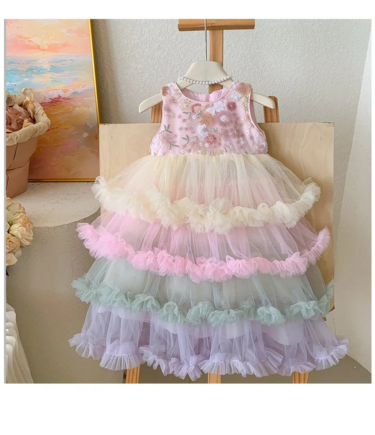 Vestido Regata para Meninas Verão 2025 Novo Vestido Elegante de Malha com Babados para Meninas Vestido Princesa Roupa Infantil de Fada