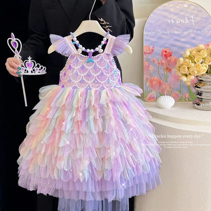 Vestido de Princesa Sereia Vestido de Verão para Meninas Vestido de Aniversário com Alças de Luxo para Meninas Lolita Pongsa