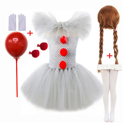 Pennywise Inspired Horrible Creature It Clown Tutu Dress Kids Joker Cosplay Costume with Hair Pin Gloves Girl Halloween Apparel