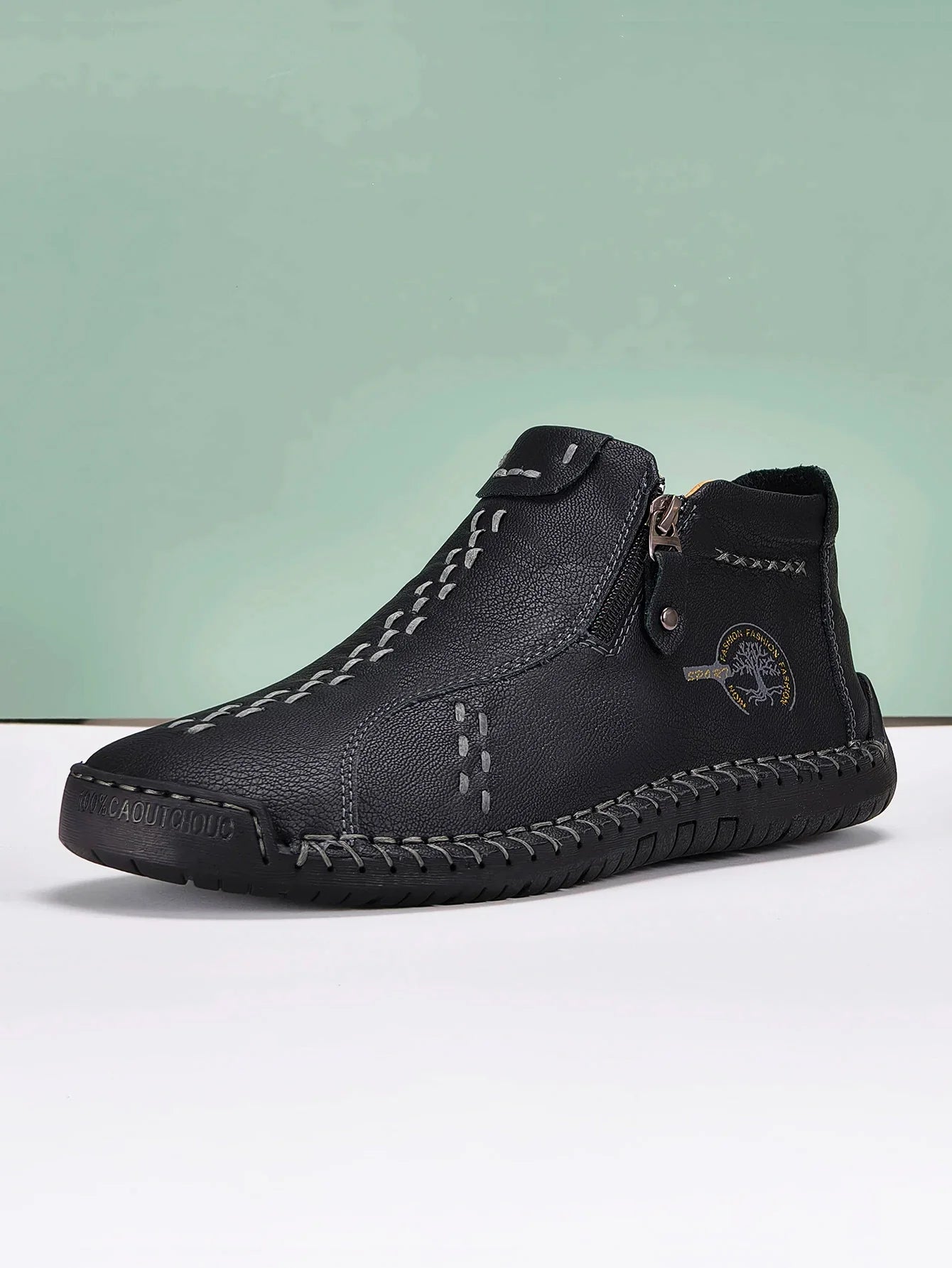 Sapatos Masculinos Clássicos de Couro Feitos à Mão, Design com Zíper, Tênis Esportivos para o Ar Livre, Sapatos Casuais Respiráveis com Elástico, Botas Masculinas de Couro no Tornozelo