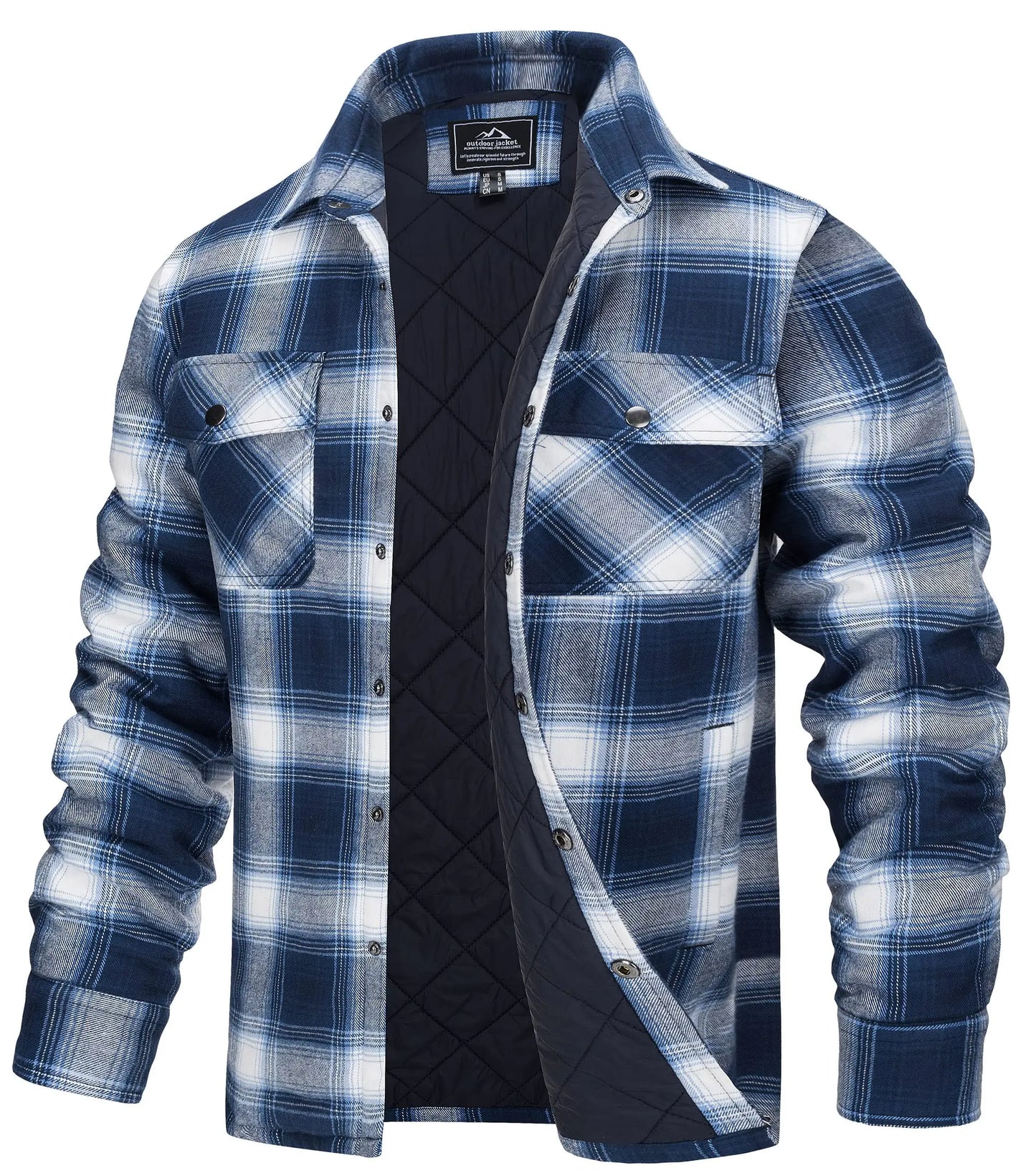 Winter Plaid Cotton Jackets Mens Long Sleeve Quilted Lined Flannel Shirt Jacket Multi-Pockets Outwear Hiking Coats Tops