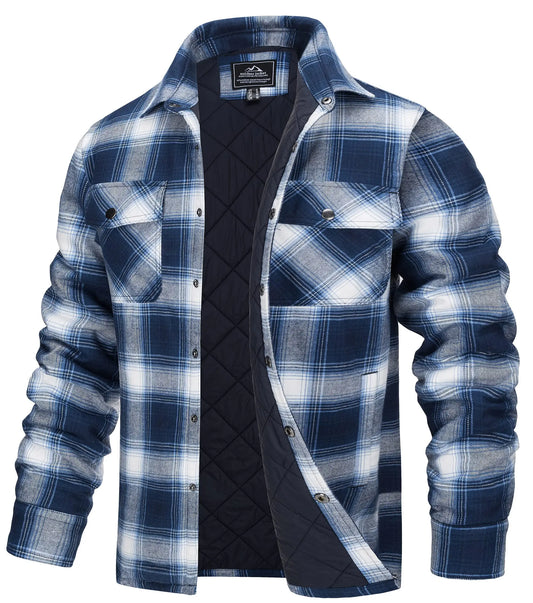 Winter Plaid Cotton Jackets Mens Long Sleeve Quilted Lined Flannel Shirt Jacket Multi-Pockets Outwear Hiking Coats Tops