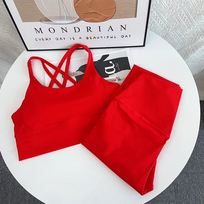 Christmas style 2-piece yoga suit Solid color gym fitness set cross back yoga top Peach butt yoga pants Pilates running suit