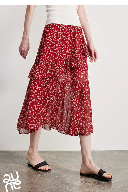 Women Chiffon Skirt 2026 Spring New Country Style Light and Flowing Floral Print Layered Ruffled Skirt