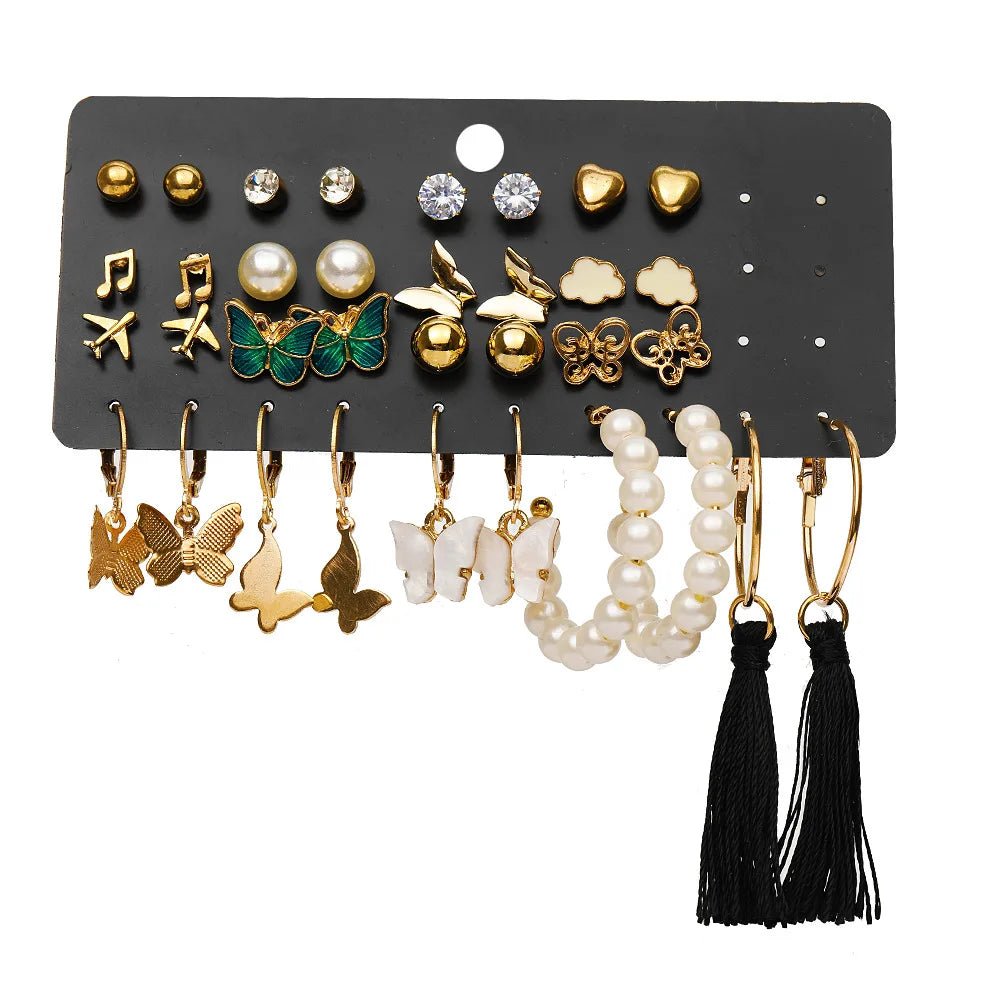 Fashionable Pearl Note Butterfly Geometric Tassel Stud Earrings Women Suit Elegant Charm Engagement Party Jewelry