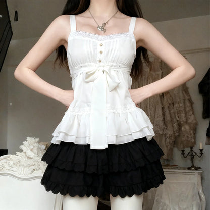 Sweet Lace Patchwork Bandage Ruffles Trim A-Tops Women's Solid Sheer Button Front Squre Neck Camisole All Match Vest