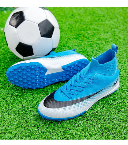 High Top Leather TF Turf Soccer Cleats, Anti-Slip for Grass Training, Men Women Youth Student World Cup Style