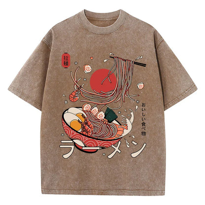 Ramen Noodles Cotton Washed T-Shirt Women Harajuku Printing Tops Comfortable O-Neck Oversized T Shirts All-Match Woman Clothes