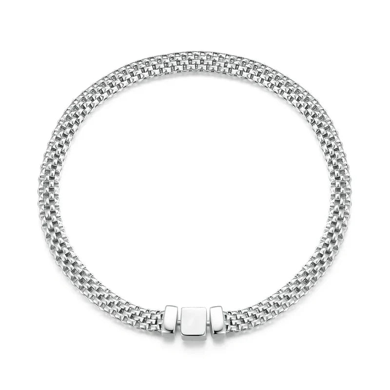 925 Sterling Silver Classic Square Buckle Bracelet Retro Braided Silver Chain Link for Women Platinum Plated Fine Jewelry