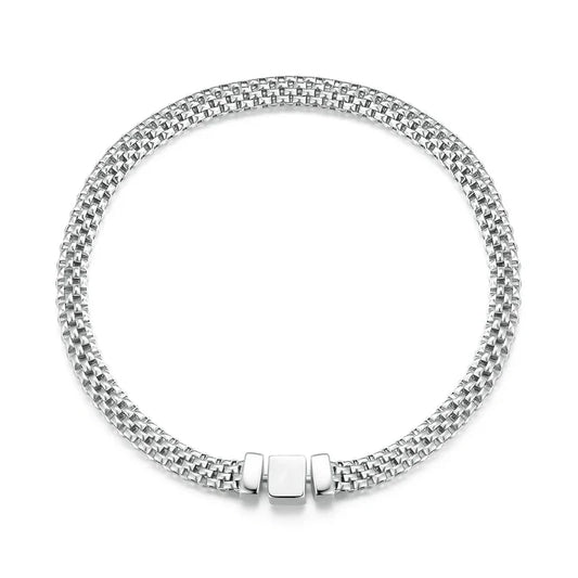925 Sterling Silver Classic Square Buckle Bracelet Retro Braided Silver Chain Link for Women Platinum Plated Fine Jewelry