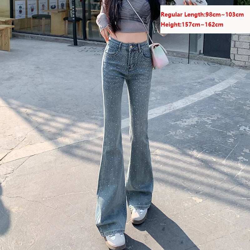 Calça Jeans Feminina Cintura Alta Elástica Skinny Boca de Sino Hotfix Strass Design Vintage Streetwear Calças Femininas Boca de Sino