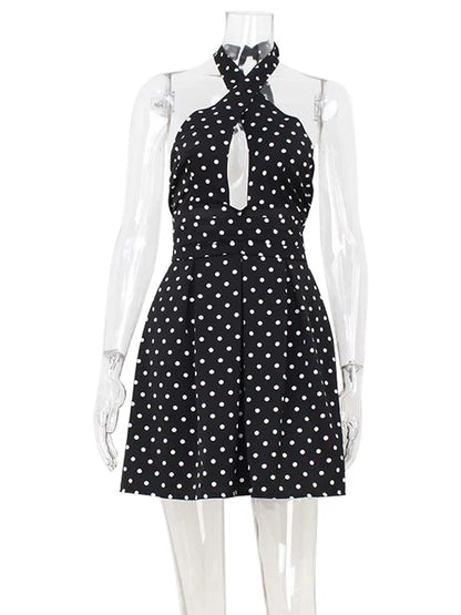 Hollow Out Backless Halter Lace-up Outfits Sheath Women Dresses A-Line Fashion Dot Prints Elegant Female Bodycon Sexy