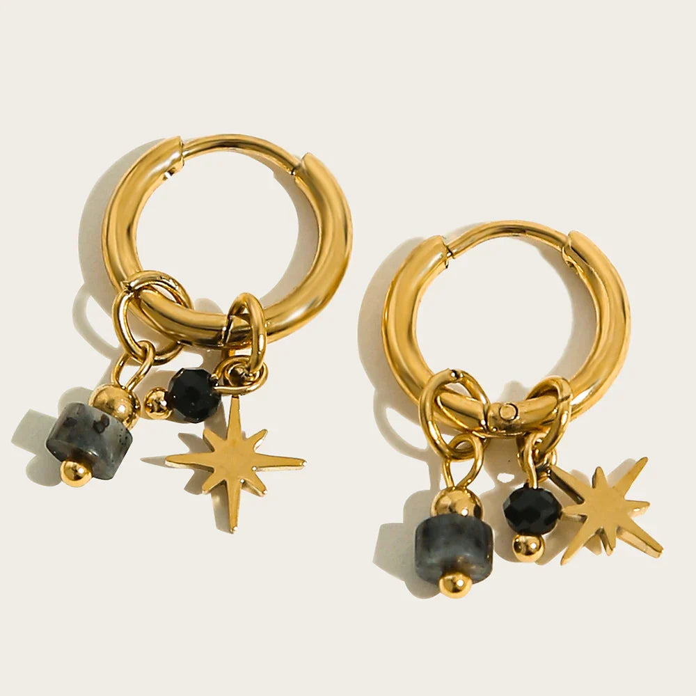 18K Gold Plated Stainless Steel Hoop Earrings for Women Vintage Green Natural Stone Charms Trendy Waterproof Jewelry