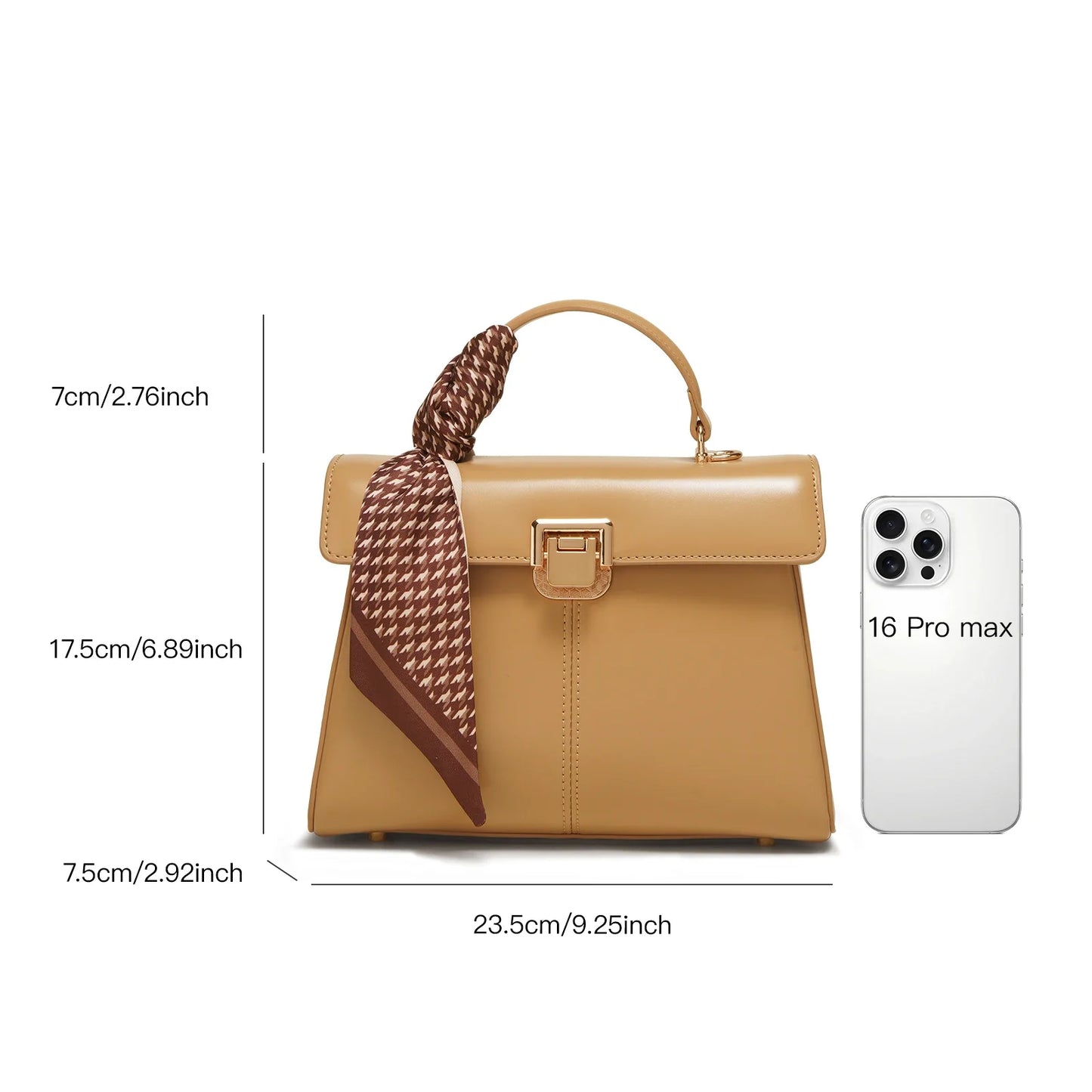 Genuine Leather Handbag with Scarf | Luxury Designer Trendy Shoulder Bag Solid Color Commuting Bag | bags for women gift