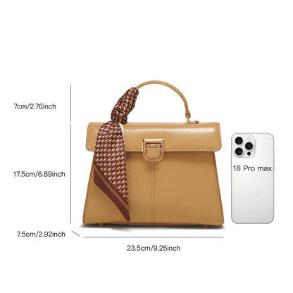 Genuine Leather Handbag with Scarf | Luxury Designer Trendy Shoulder Bag Solid Color Commuting Bag | bags for women gift