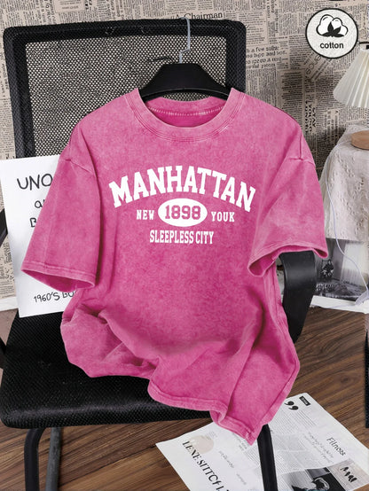 Manhattan New York Sleepless City Print Washed T Shirt Man Summer O-Neck Retro T-Shirts Fashion Cotton All-Match Top Unisex Tee