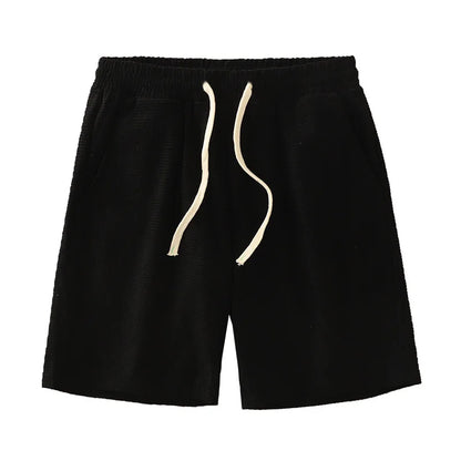 Men Shorts Solid Color Mid Waist Summer Motion Waffle Texture Deep Crotch Drawstring Male Shorts Loose Knee Length Casual Short