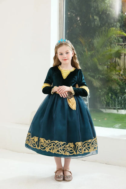 Girl Cosplay Brave the Heart Princess Merida Long Sleeves Dress Belt Set Holiday Party Carnival Party Stage Outfits Dress