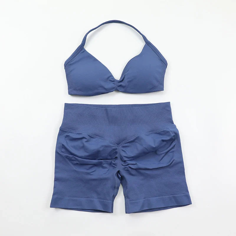 Scrunch Seamless Yoga Set Women Sportswear Ribbed Gym Shorts Strappy Sports Bra 2 Piece Set Halter Workout Clothes Fitness Suit