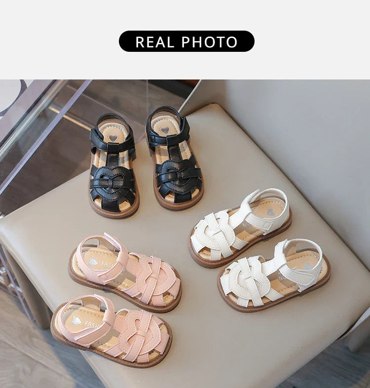 Girls Roman Shoes Children Solid Color Classic Retro Style Student Uniform Shoes Kids Fashion Girl Toes Wrapped Sandals I03284