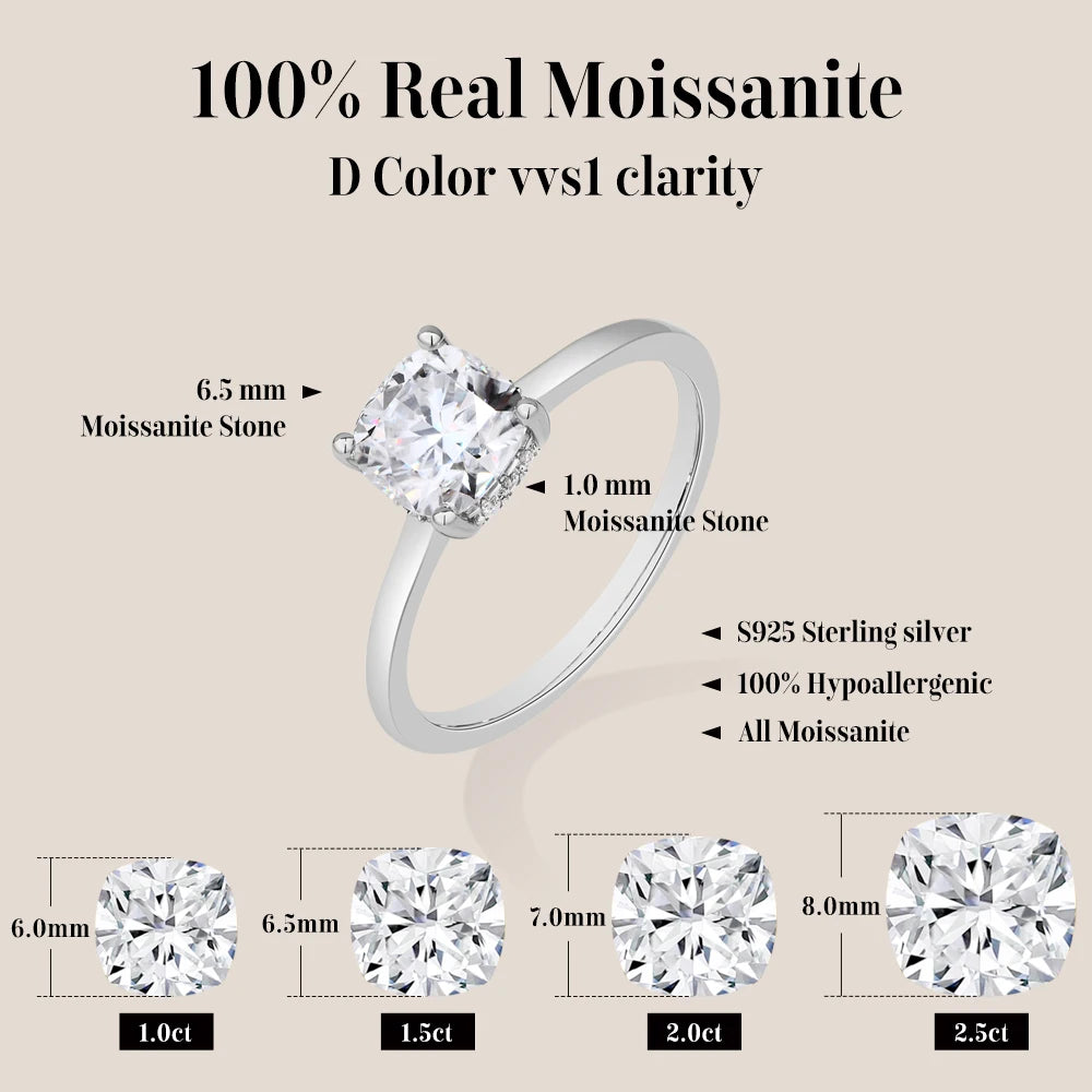 Cushion Cut 1.5ct 2.5ct Moissanite Ring DVVS1 925 Silver 18K Gold Plated For Women Engagement Wedding Band Fine Jewelry