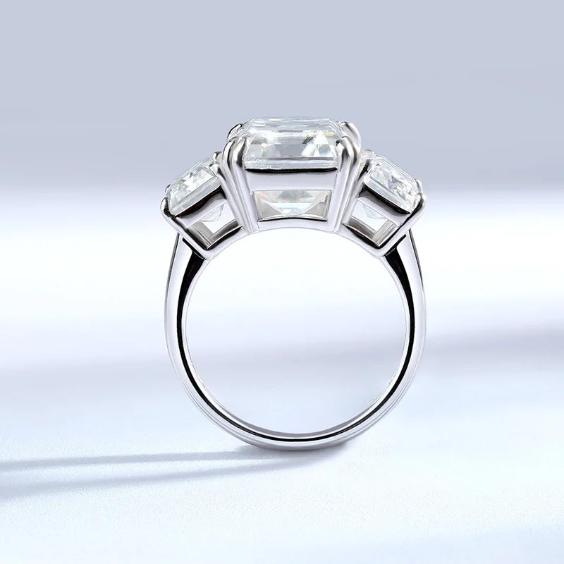 12cttw Emerald Cut Full Moissanite Engagement Ring for Women 3 Stones Sterling Silver 925 Wedding Band with Certificate
