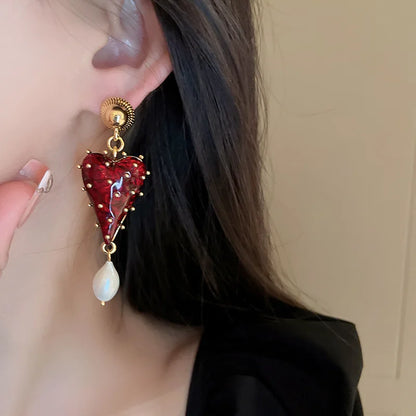 Charming Red Color Resin Love Heart Dangle Earrings for Women Baroque Freshwater Pearl Long Earring Wedding Party Jewelry