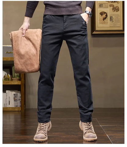 Winter Thicken Men's Solid Slim Straight Casual Pants Business Classic Fleece Trousers Male Warm Plaid Elasticity Pants
