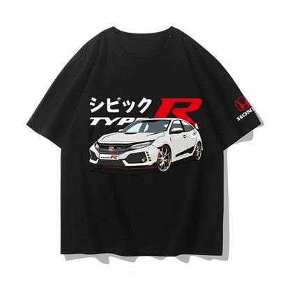 Honda Civic Motorcycle Short-sleeved Classic Modified Car Culture JDM Car Racing Fan T-shirt Club Men's Top
