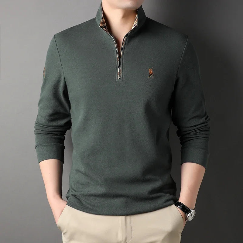 Luxury new Half Zipper Long Sleeve T-shirt 100% Cotton Brand Embroidered Stand Collar Men's Clothing Autumn Casual polo shirt
