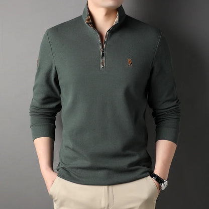 Luxury new Half Zipper Long Sleeve T-shirt 100% Cotton Brand Embroidered Stand Collar Men's Clothing Autumn Casual polo shirt