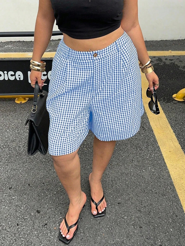 Ladies plus Size Spring Simple Casual Black White Plaid Shorts Wide Leg Pants Trousers for Women