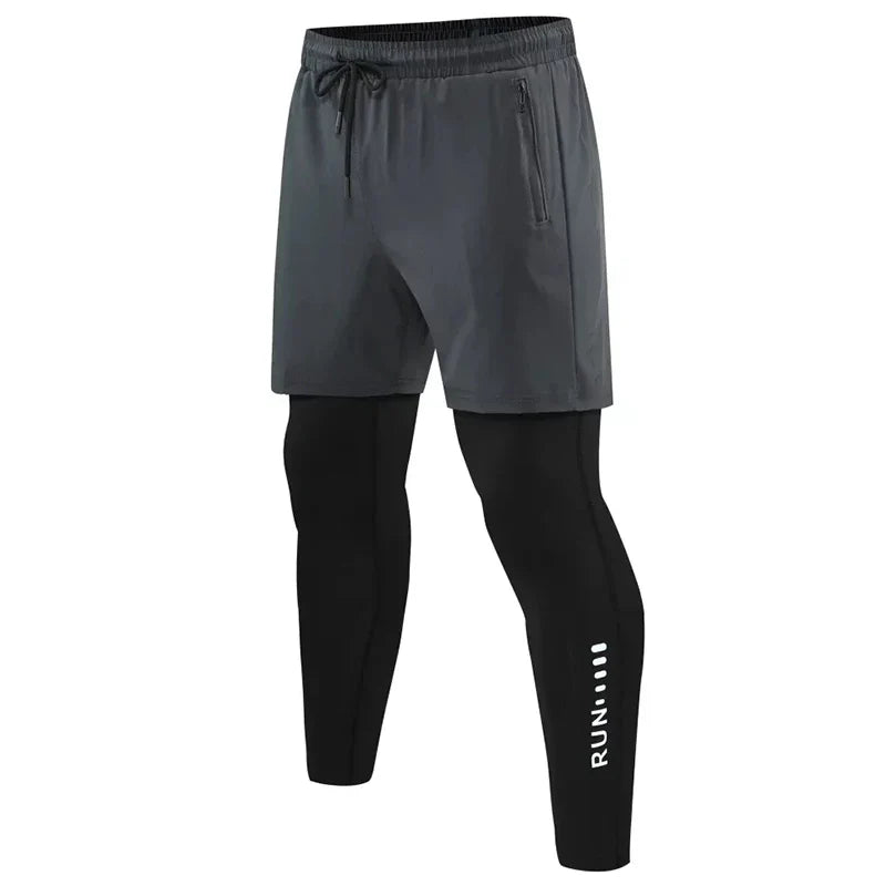 Men 2 In 1 Running Pants Double Layer Pant Tight Training Basketball Legging Fitness Sweatpant With Pockets Running Trousers