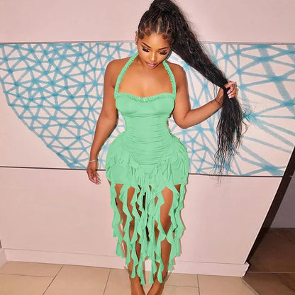 Elegant Halter Solid Ruffles Backless Taseel Sexy Slim Mini Dress Spring Women Cute Outfits Birthday Party Vacation
