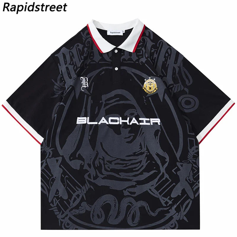 Hip Hop Streetwear Polo T-Shirt Virgin Mary Graphic T Shirt Men Polo Shirt Short Sleeve Harajuku Cotton Tops Tees Red Grey