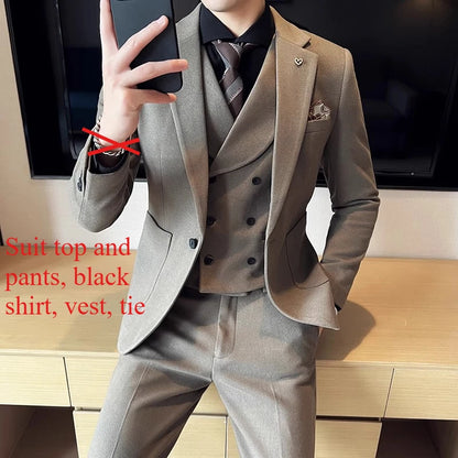 2025 Autumn Winter New Thickened Warm Woolen Blazer Set for Men Korean Version Slim Fit Groom Best Man Wedding Suit Formal Wear