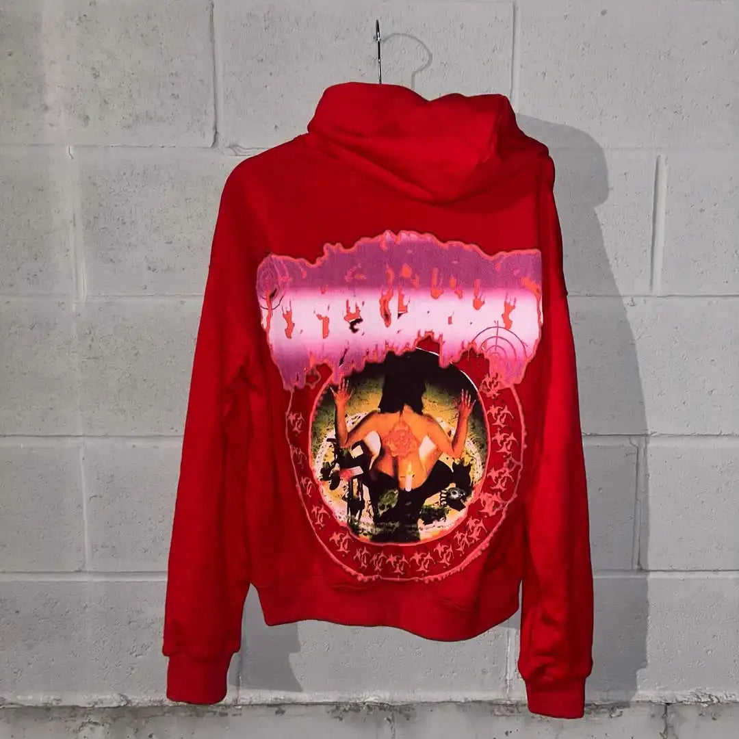 Mens Black Hooded Graphic Hoodie Horror Character Print Thriller Style Streetwear Unique Creative Design Express Individuality