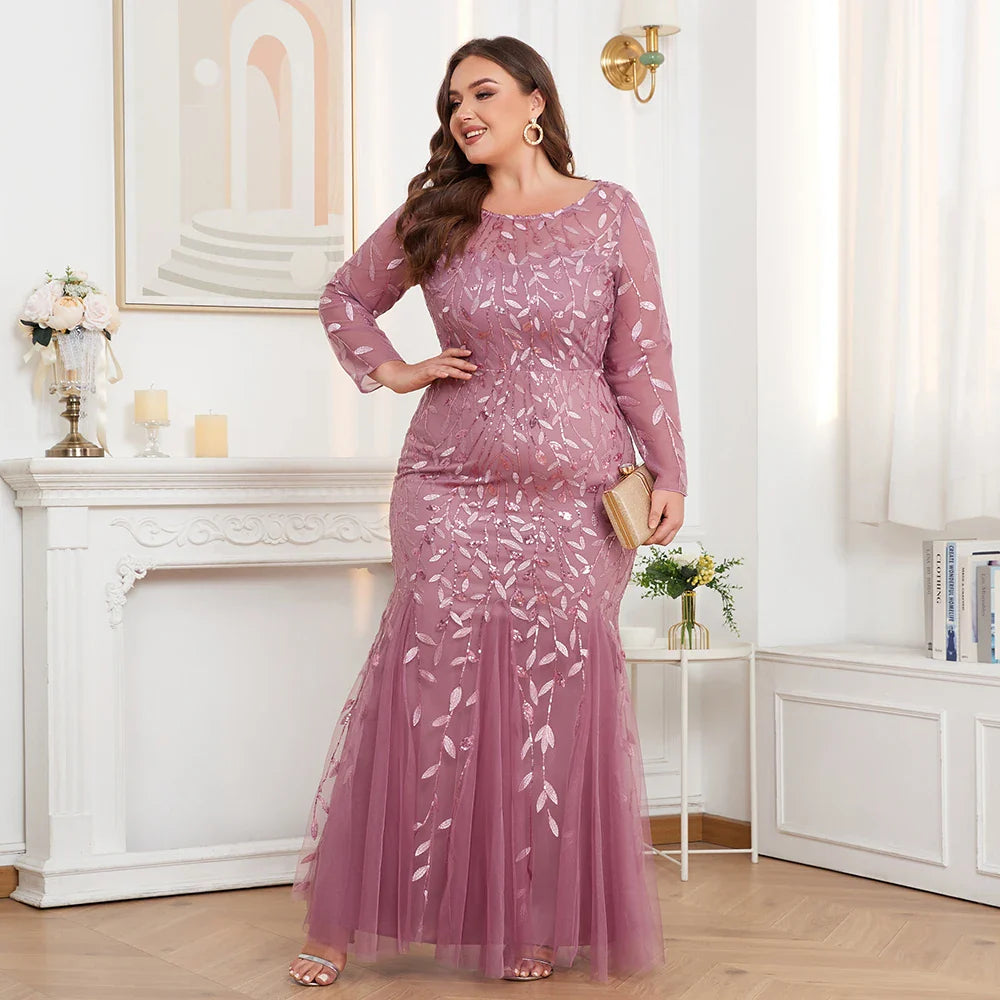 2024 Plus Size Evening Dresses Mermaid O Neck Full Sleeve Lace Appliques  vestidos elegantes  party dress  long