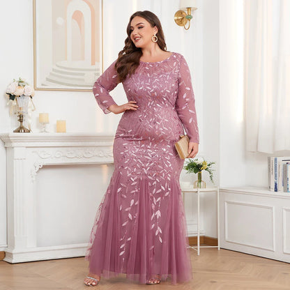 2024 Plus Size Evening Dresses Mermaid O Neck Full Sleeve Lace Appliques  vestidos elegantes  party dress  long