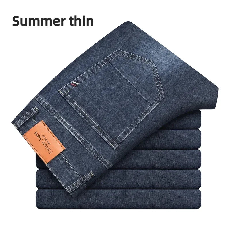 2026 Brand Thin or Thick Material Straight Cotton Stretch Denim Men's  Business Casual High Waist Light Grey Blue Jeans