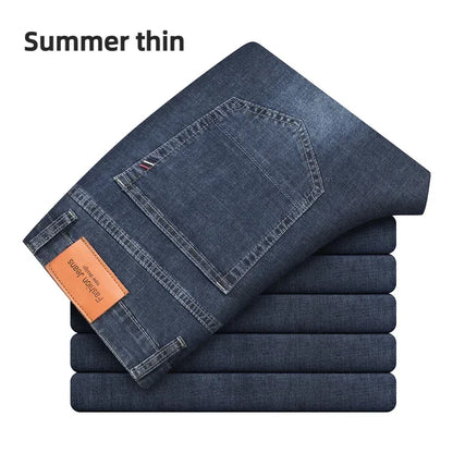 2026 Brand Thin or Thick Material Straight Cotton Stretch Denim Men's  Business Casual High Waist Light Grey Blue Jeans
