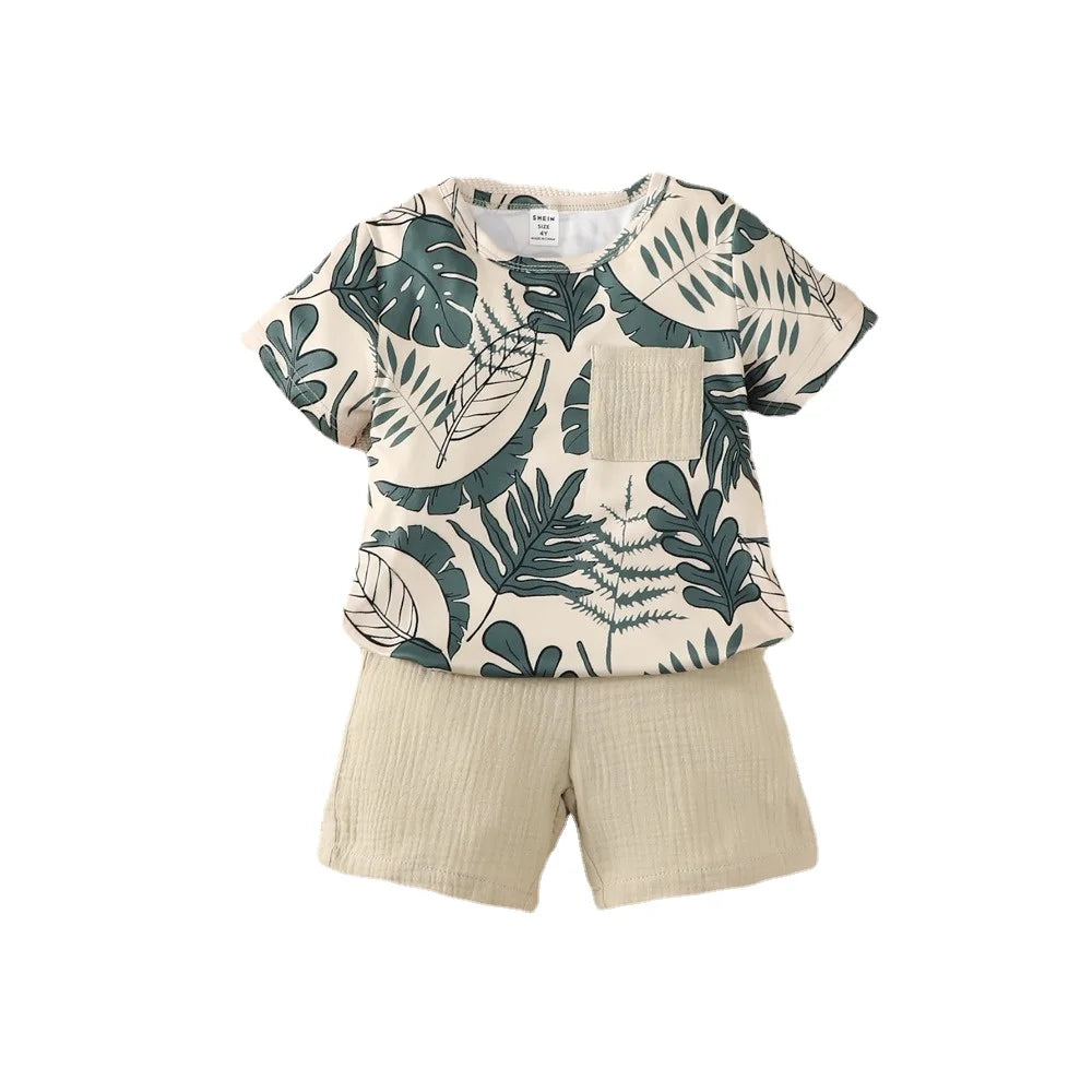 2PCS Kid Boy Clothes Set Short Sleeves Leaf Print Pocket Style T-shirt+Shorts Summer Casual Outfit For Child Boy 4-7 Years