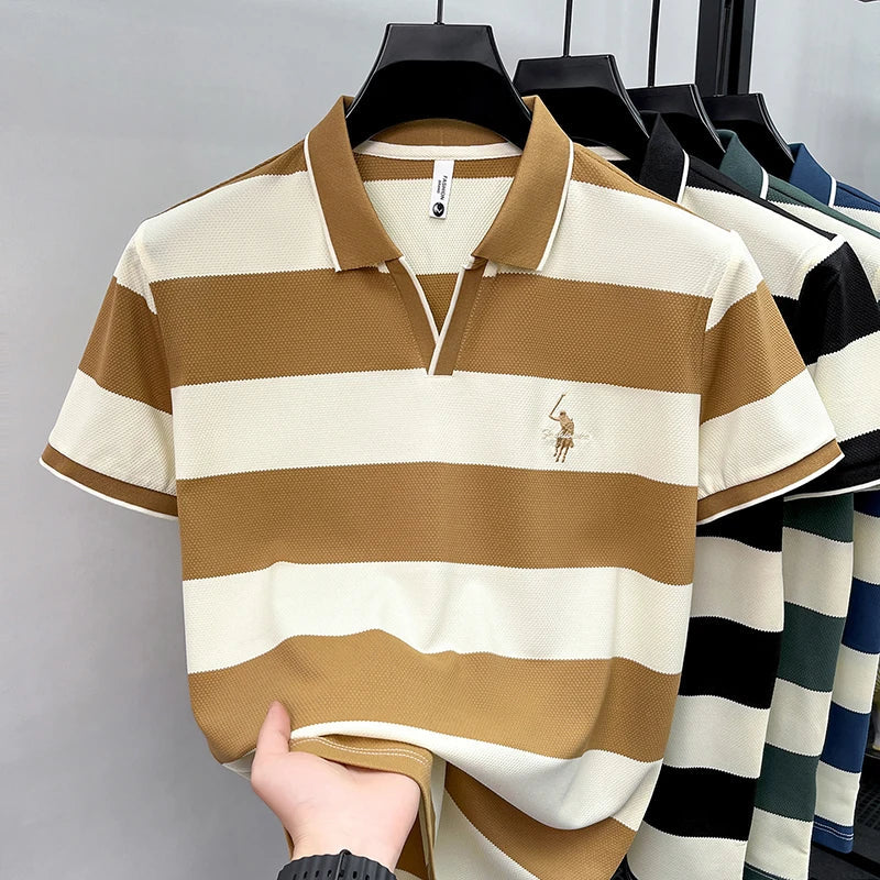 High End Embroidered Polo Shirt for Men, 2026 New Summer Striped Men's Short Sleeved T-shirt, Pure Cotton Lapel Half Sleeved Top