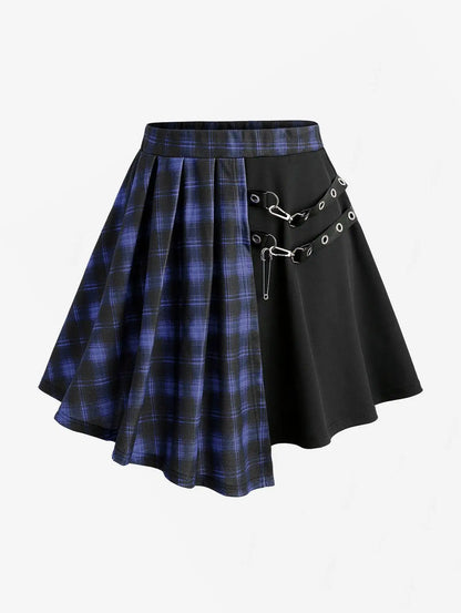 Plus Size Plaid Patchwork Grommets PU Leather Stripes Asymmetrical Skirt Female Casual Large Size Women Y2K Skirts