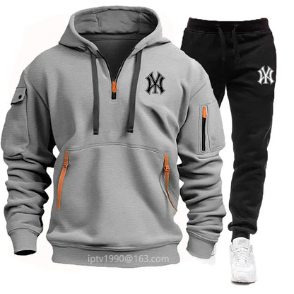 A stylish, casual and fitness two-piece set for men's autumn and winter 2025: zipper hoodie, long-sleeved pullovers and jogging